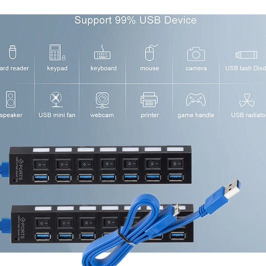 USB 3.0 Hub Met 7 Poorten en Aan/Uit Schakelaars