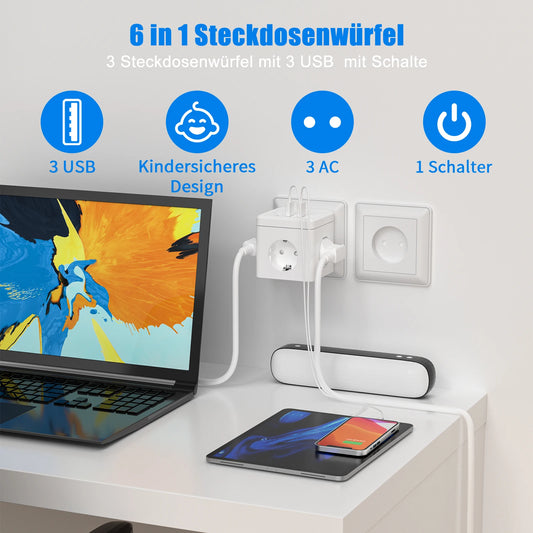 EU Powerstrip Cube Met 3 AC Outlets En 3 USB Poorten
