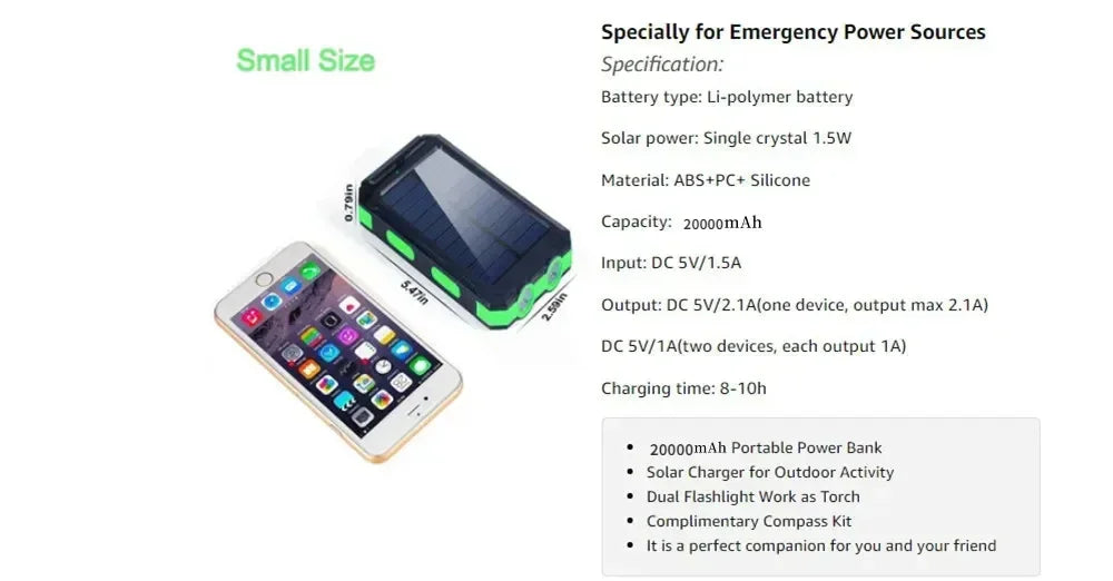 Zonne-energie Powerbank 30000mAh met Sterke LED Licht