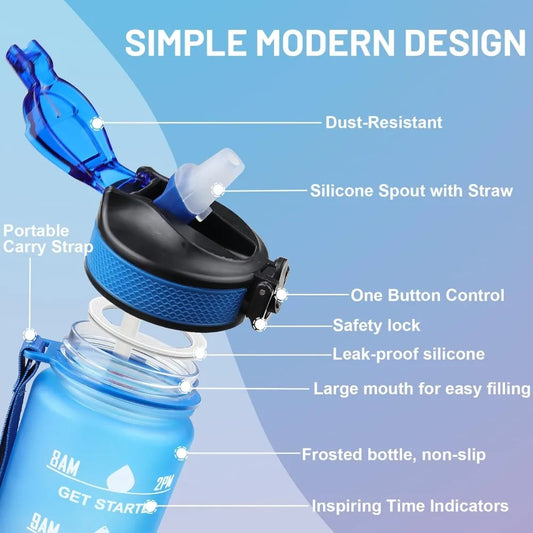 1L Drinkfles Met Rietje En Tijdmarker