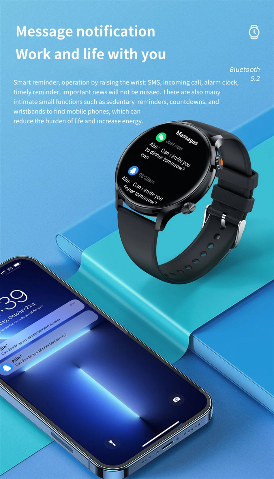 Smartwatch 1.45" AMOLED Scherm Altijd Aan Display