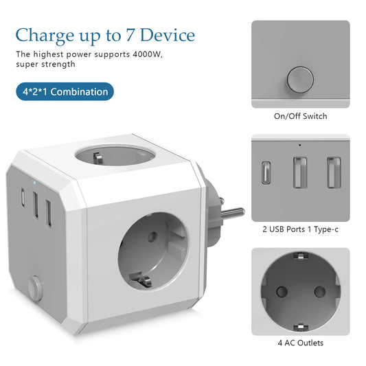 Stekkerdoos Cube met 4 AC Uitgangen en 2 USB Opladers