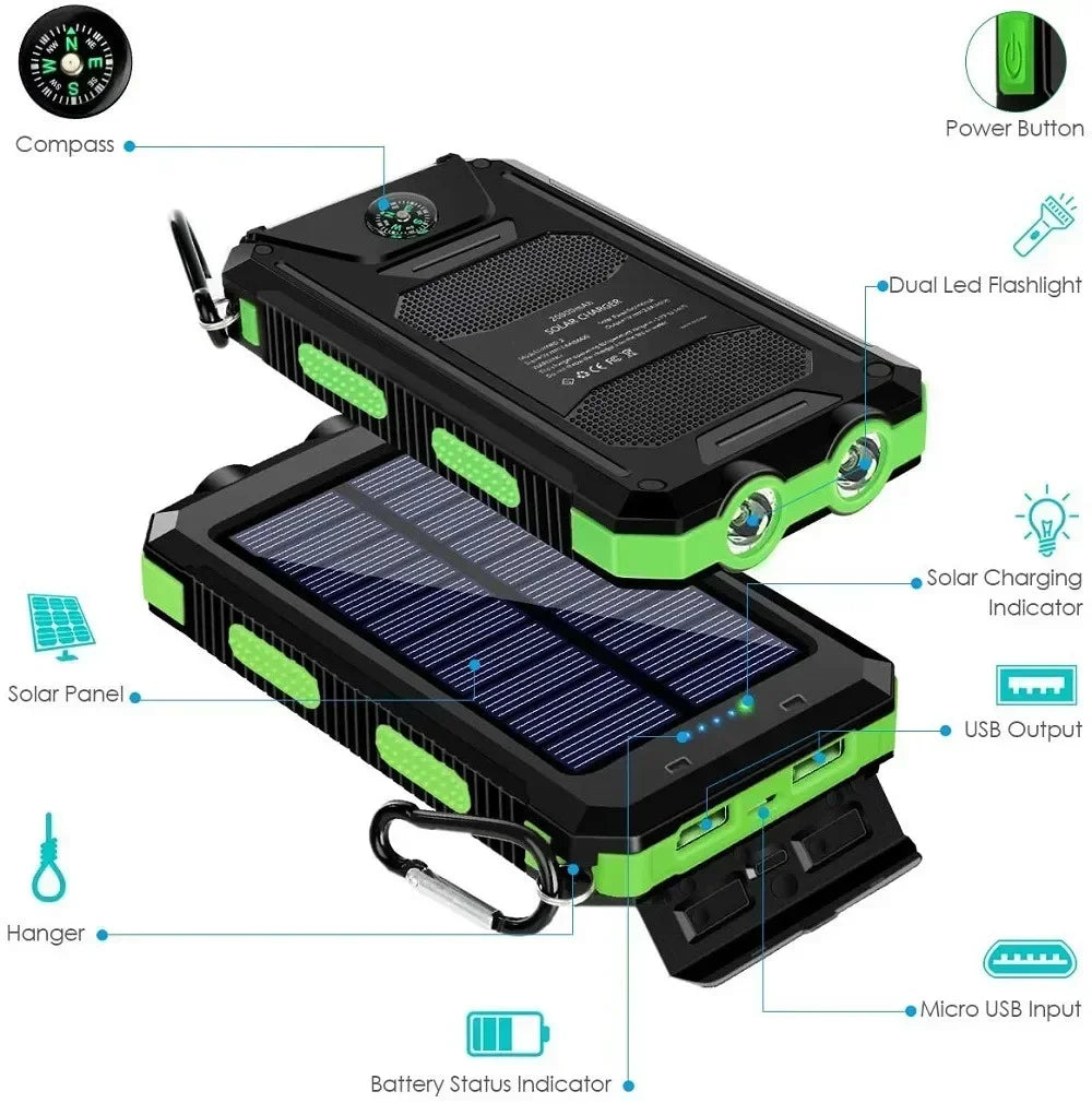 Zonne-energie Powerbank 30000mAh met Sterke LED Licht